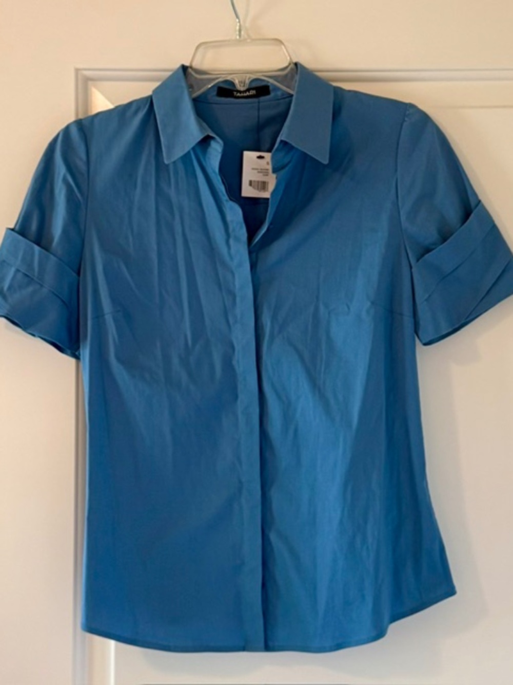 NWT Tahari 'Surf Blue' Cotton/Stretch Button Up Blouse Size S